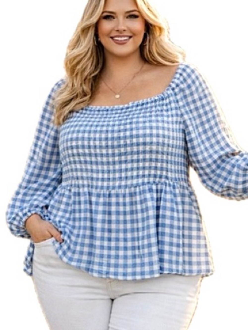 Torrid Gingham Check Long Sleeve Babydoll Top Size 3X Ruffle Hem Square Neck